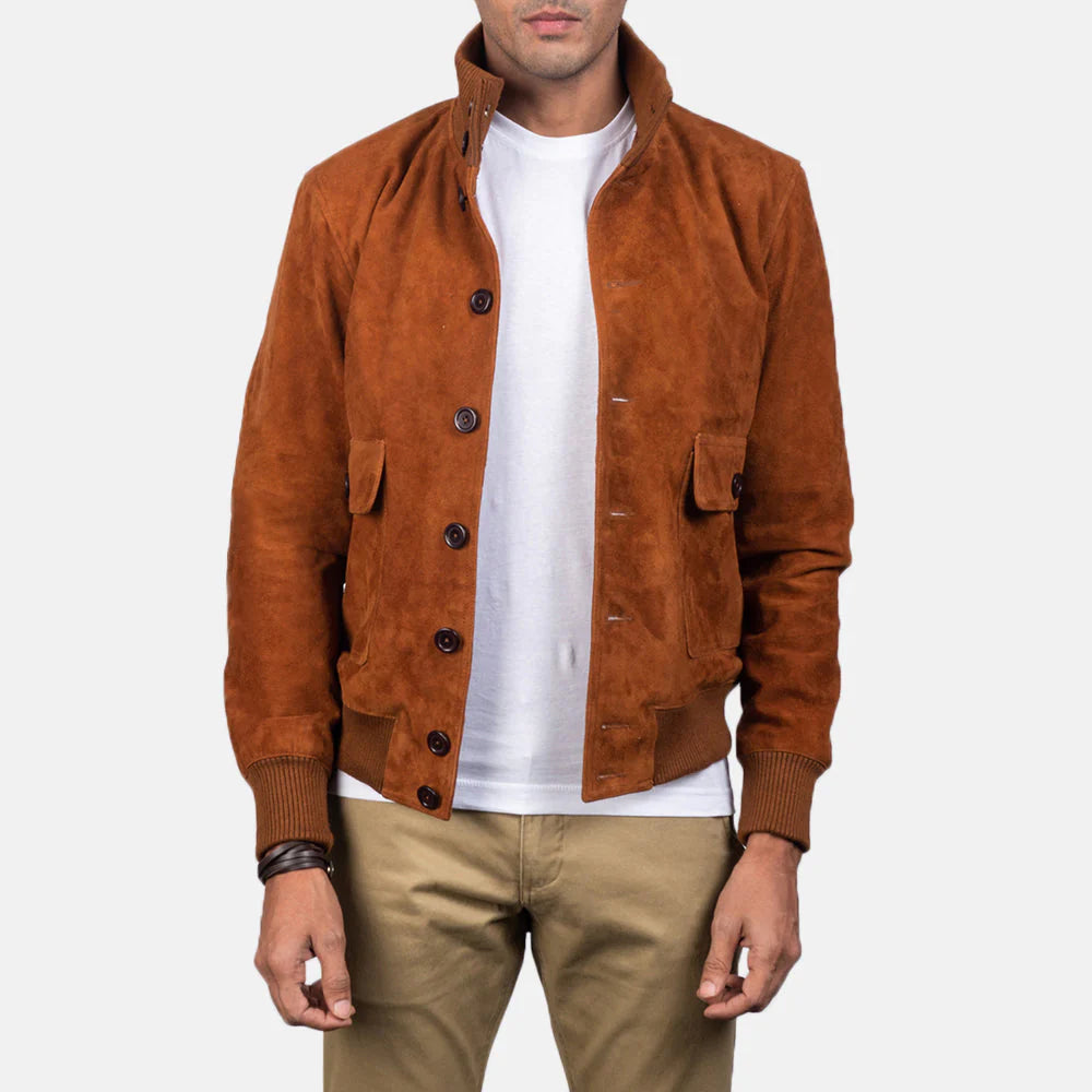 Men's Vintage Brown Leather A-2 Flight Jacket. Classic shirt collar and two flapped patch pockets.